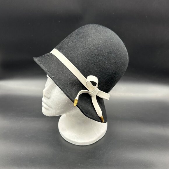Superbe Accessories - Vintage Wool Felt Hat Mid Century Black White Bucket Superbe Union Made Womens